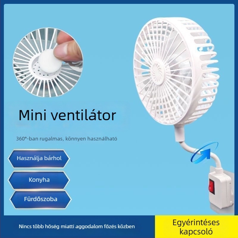 Fejlesztett kompakt ventilátor védőhálóval, 360° forgó, otthoni hálószobához, integrált háromtűs csatlakozó, hordozható