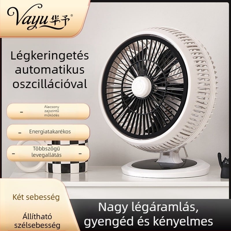 Huayu HY-298 Asztali légáramló ventilátor otthonra, irodába és kollégiumba — Fekete-Fehér, öt lapátos konvekciós ventilátor