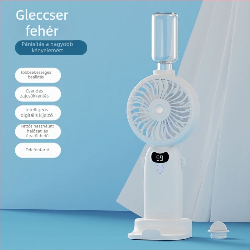 Hordozható mini ventilátor permetező funkcióval, USB-töltésű, kézi, csendes hűtés, ideális kollégiumokba
