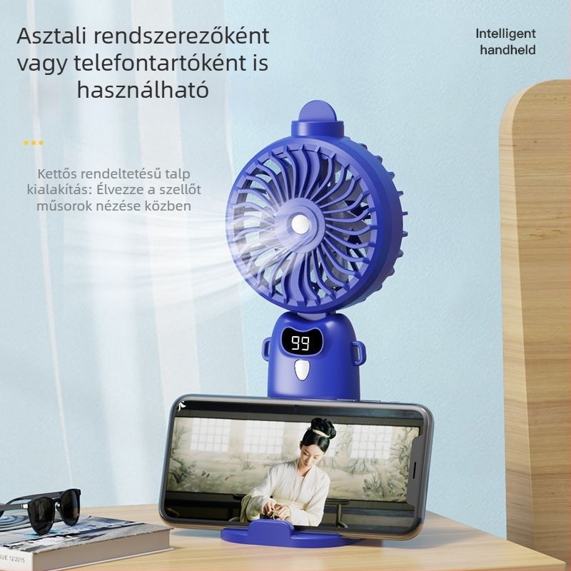 Hordozható mini ventilátor permetező funkcióval, USB-töltésű, kézi, csendes hűtés, ideális kollégiumokba