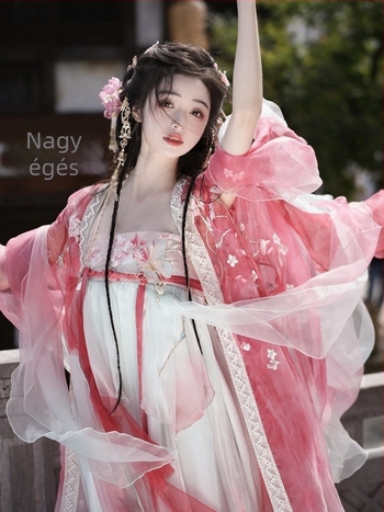 Női Hanfu hímzett Peach Blossom Istennő mintázatú, felső széles ujjúval és szoknyával, Tang-dinasztia stílus, poliészter