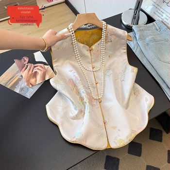 Visszafordítható satin jacquard hímzett mellény, kínai Tang/Hanfu stílusú, ívelt szegéllyel, nemzeti stílus.