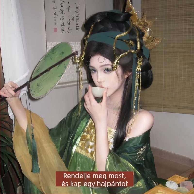 Shan Hai Ji Hanfu aranyszálas – hímzett zöld kígyó árnyalatú ruha, dupla hosszú ujjú, négy darabos készlet tavasz-nyár