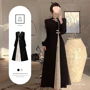 Plusz méretű hosszú női ruha kínai stílusban, továbbfejlesztett Hanfu és Qipao ihletés, elegáns ruha.