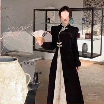 Plusz méretű hosszú női ruha kínai stílusban, továbbfejlesztett Hanfu és Qipao ihletés, elegáns ruha.