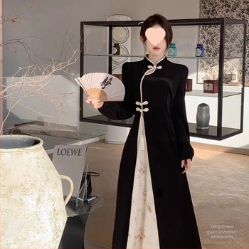 Plusz méretű hosszú női ruha kínai stílusban, továbbfejlesztett Hanfu és Qipao ihletés, elegáns ruha.