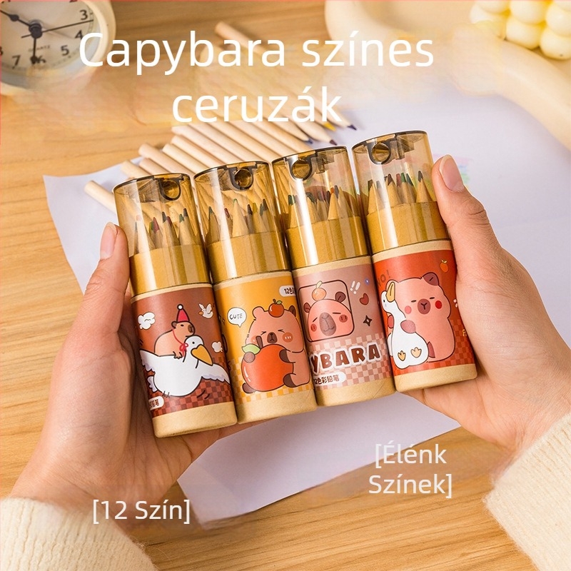 Aranyos kapibara színes ceruza készlet, HB, 12 szín, natúr fa testű, iskolai felszerelés diákoknak