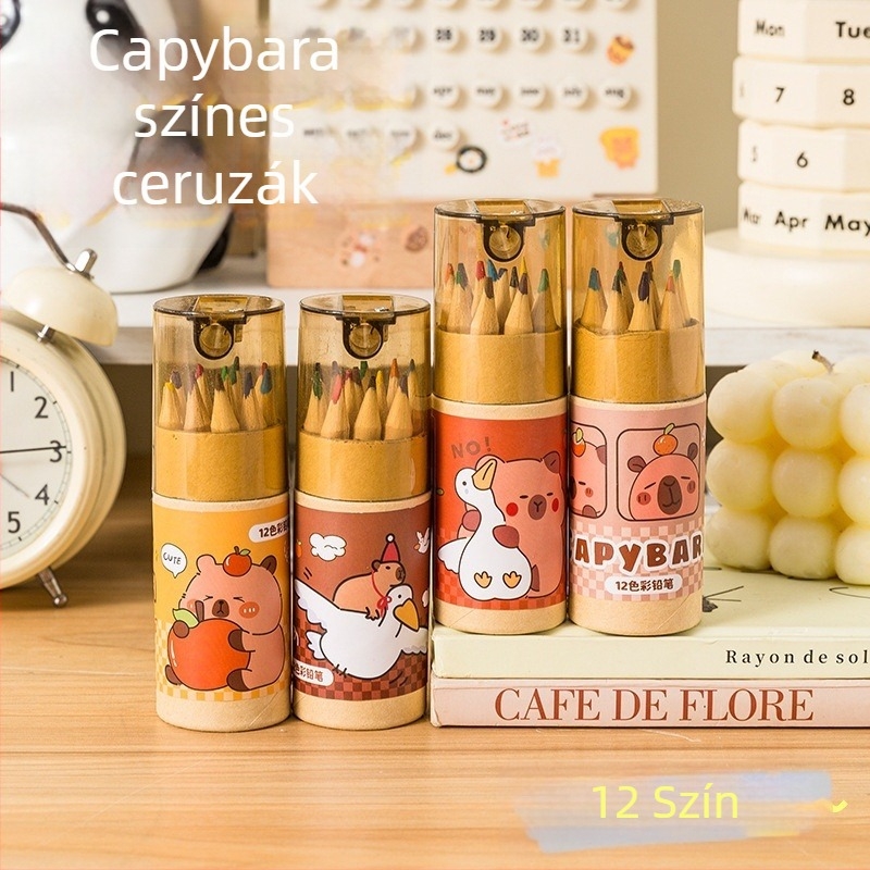 Aranyos kapibara színes ceruza készlet, HB, 12 szín, natúr fa testű, iskolai felszerelés diákoknak