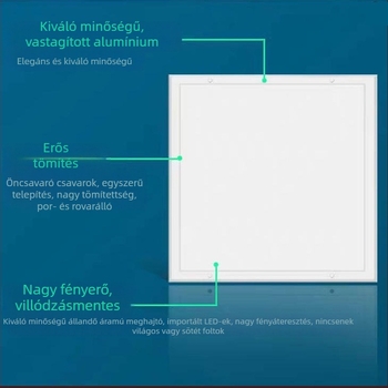 Beépített mennyezeti LED panel világítás 450×450 mm, 60×60 cm panel, gipsz-kőgyapot lemez, irodai világítás