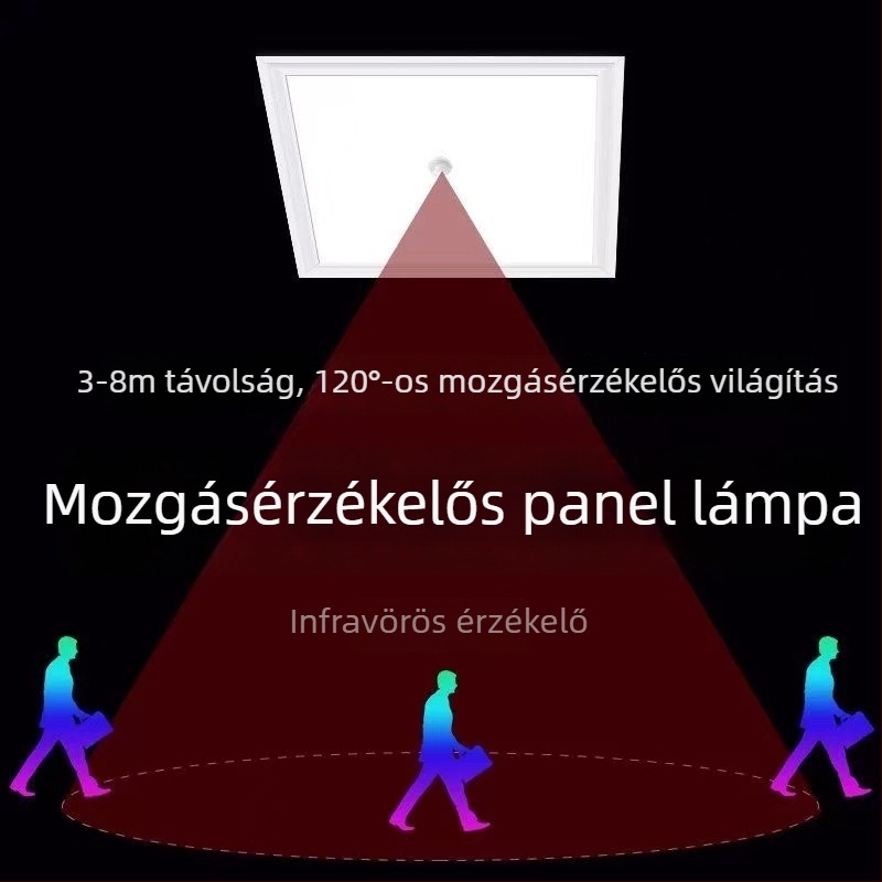Beépített mennyezeti LED panel 600×600 mm lépcsőházhoz és folyosóhoz, hangvezérelt radar mozgásérzékelővel