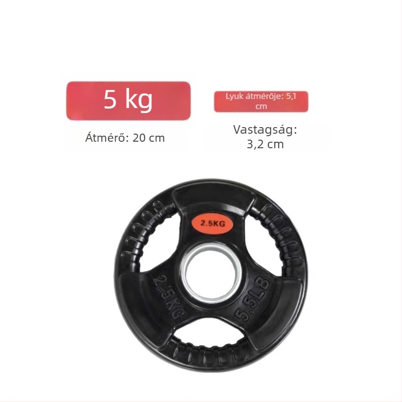 5 kg-os gumírozott olimpiai súlytárcsák háromlyukas kialakítással, kézi fogással