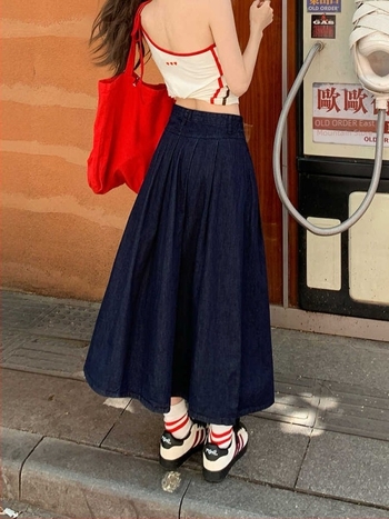 Magas derekú denim midi szoknya, plisírozott, A-vonalú esernyő-siluett, kényelmes casual stílus