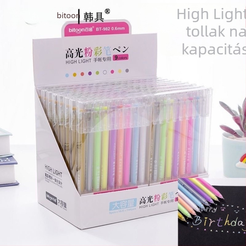 Bai Tong 982 Pastell fluoreszkáló gél tollak, 9 szín fekete kartonhoz és napló kontúrozáshoz