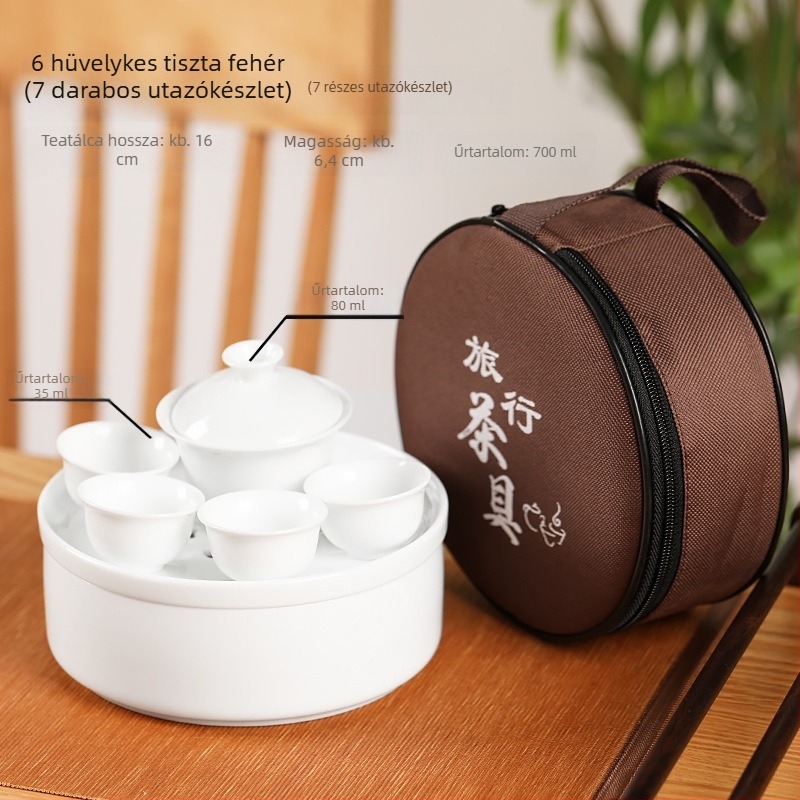Gongfu utazó teáskészlet kerámiatálcával, fehér porcelán, hordozható otthonra, autóba és kültéri használatra