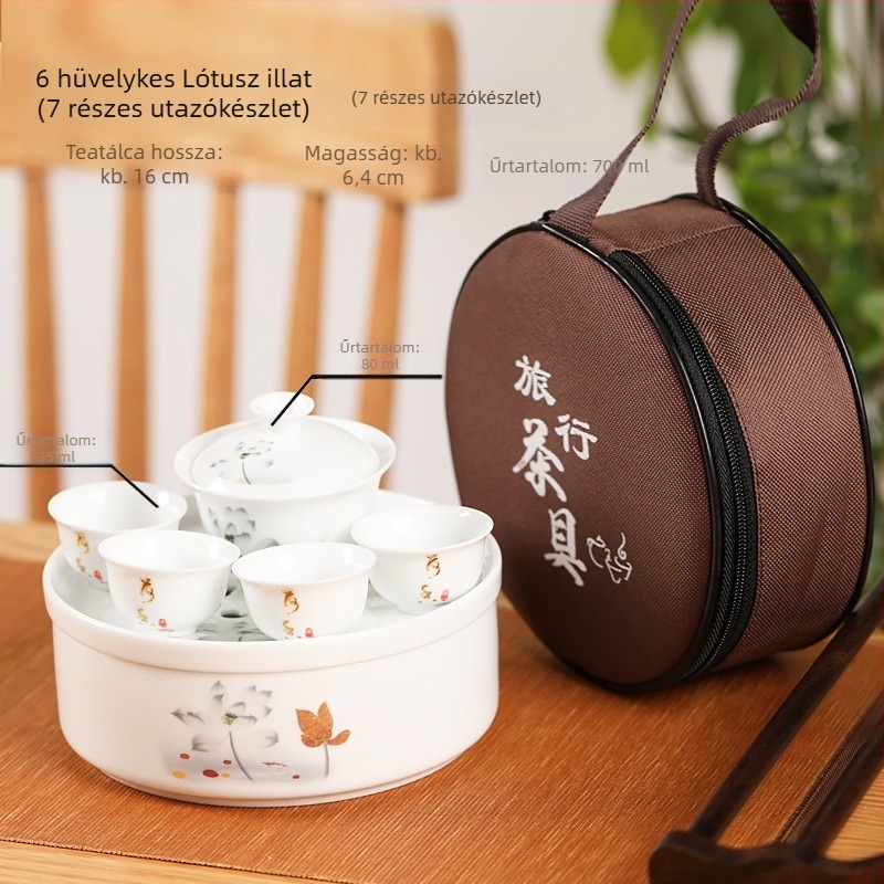 Gongfu utazó teáskészlet kerámiatálcával, fehér porcelán, hordozható otthonra, autóba és kültéri használatra