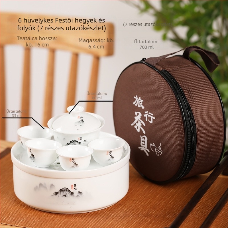 Gongfu utazó teáskészlet kerámiatálcával, fehér porcelán, hordozható otthonra, autóba és kültéri használatra