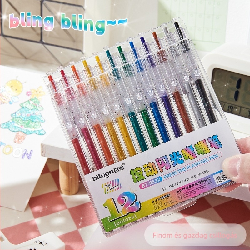 Baitong nyomógombos glitter gél toll, színes kiemelő toll a jegyzetekhez, diákoknak és iskolai használatra