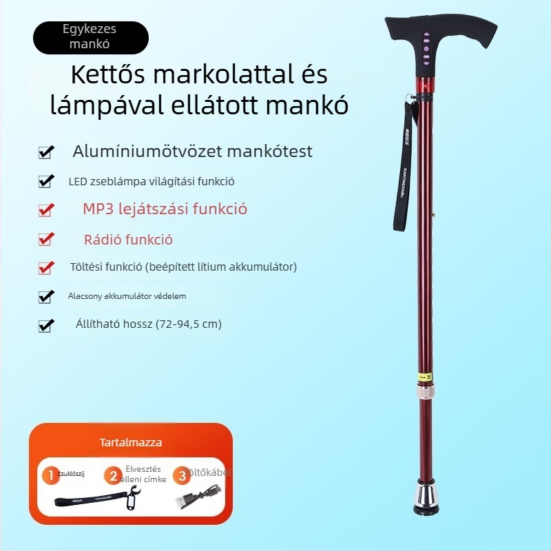 Többfunkciós okos rádiós járóbot időseknek, csúszásmentes teleszkópos járóbot LED lámpával, alumínium fogantyú