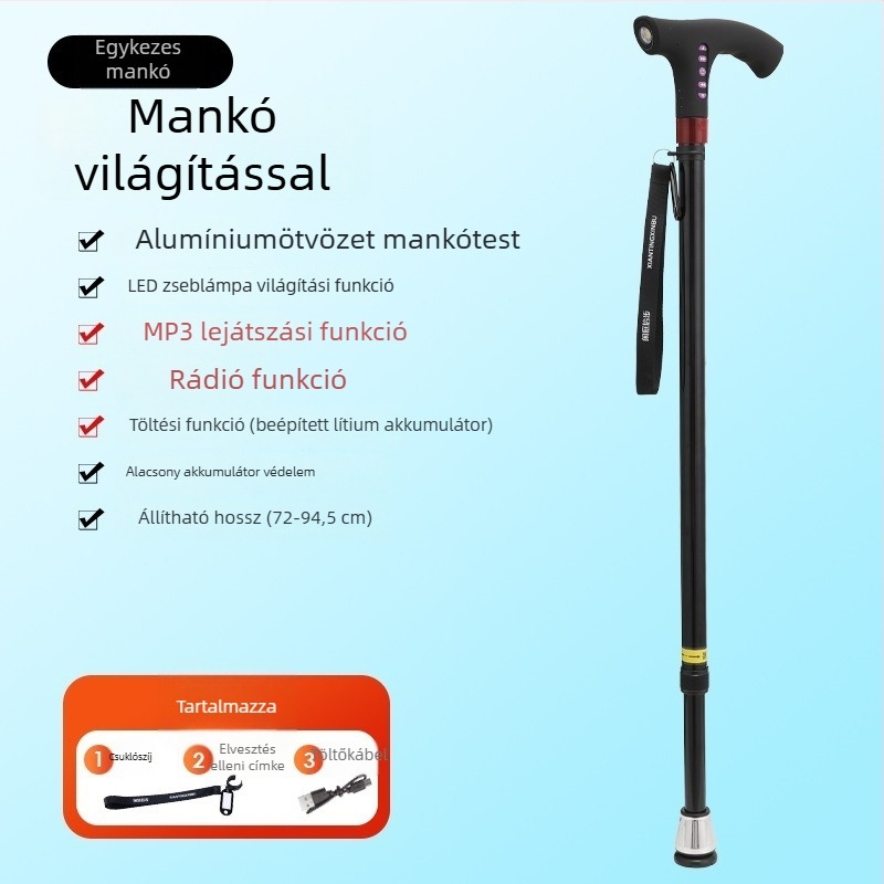 Többfunkciós okos rádiós járóbot időseknek, csúszásmentes teleszkópos járóbot LED lámpával, alumínium fogantyú