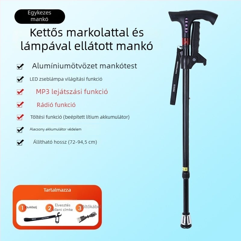 Többfunkciós okos rádiós járóbot időseknek, csúszásmentes teleszkópos járóbot LED lámpával, alumínium fogantyú