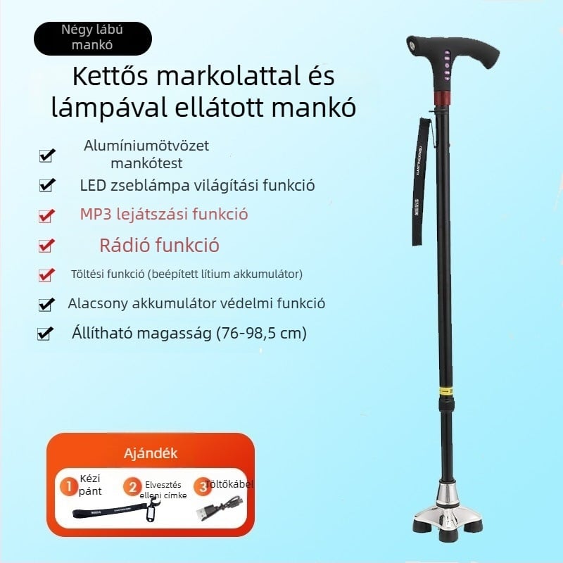 Többfunkciós okos rádiós járóbot időseknek, csúszásmentes teleszkópos járóbot LED lámpával, alumínium fogantyú