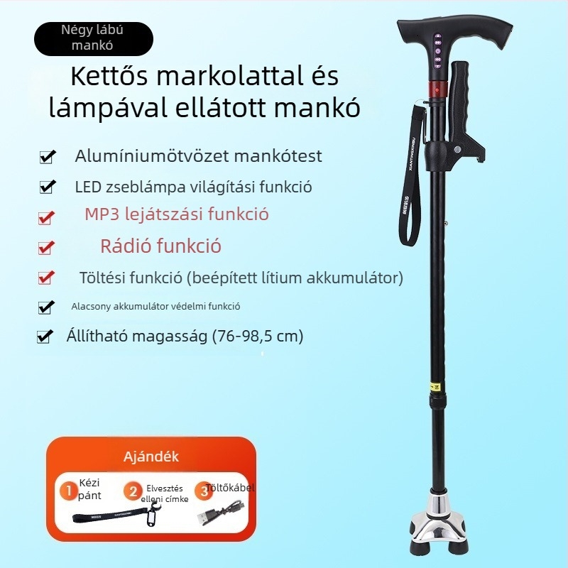 Többfunkciós okos rádiós járóbot időseknek, csúszásmentes teleszkópos járóbot LED lámpával, alumínium fogantyú