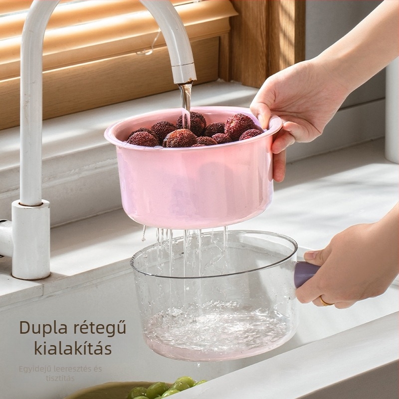 Konyhai dupla rétegű leeresztő kosár zöldségek és gyümölcsök mosásához, modern dizájn, multifunkcionális