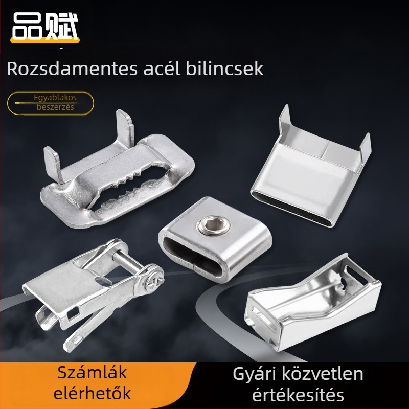 304 rozsdamentes acél bilincsek és klipek kábelekhez — L‑formájú klipek, fogazott zárak és hevederzárak (különböző méretek)