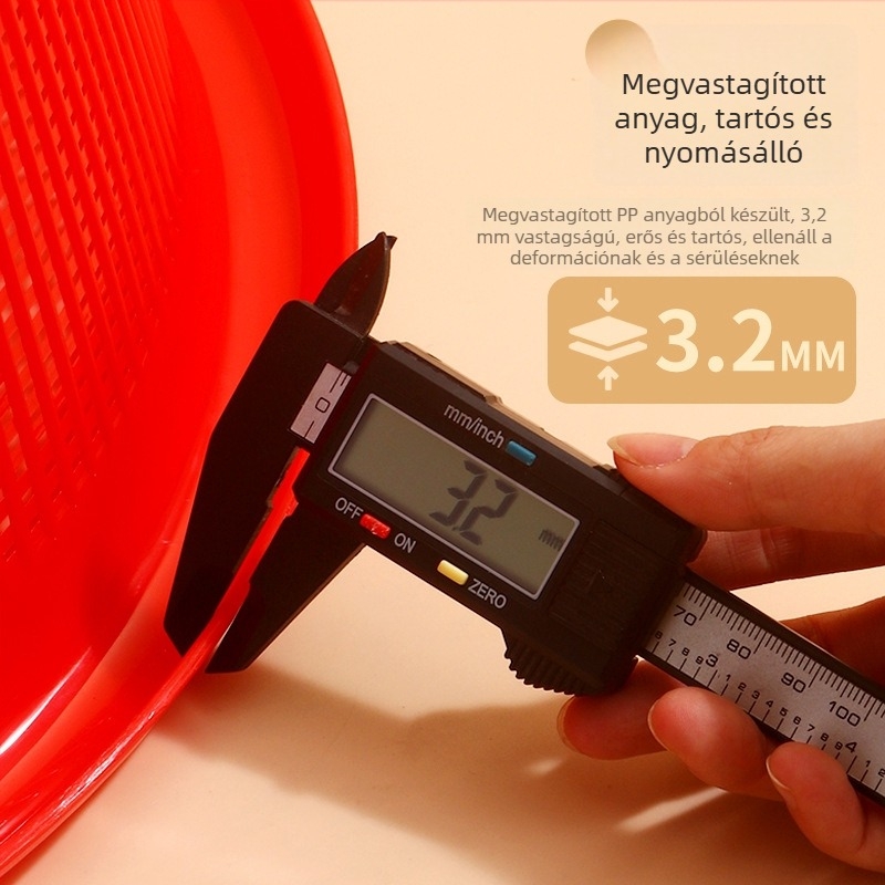Műanyag lefolyókosár zöldségek és rizs öblítésére, vastagított kivitel, piros színű, háztartási használatra