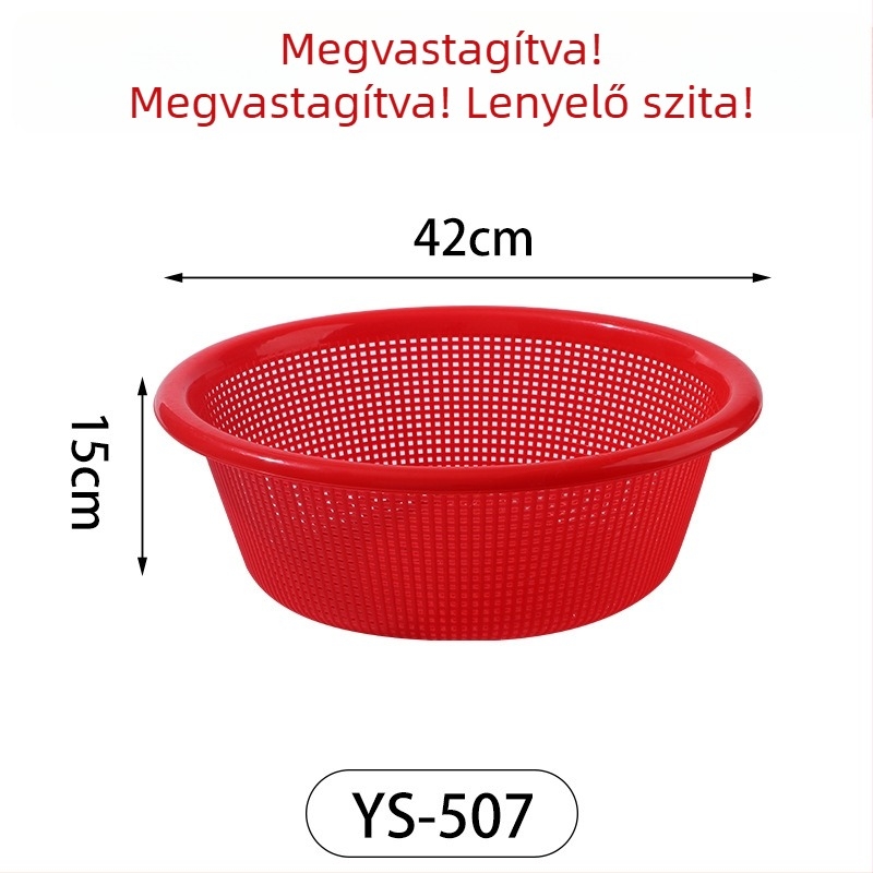 Műanyag lefolyókosár zöldségek és rizs öblítésére, vastagított kivitel, piros színű, háztartási használatra
