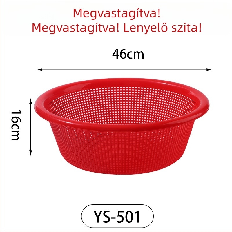 Műanyag lefolyókosár zöldségek és rizs öblítésére, vastagított kivitel, piros színű, háztartási használatra
