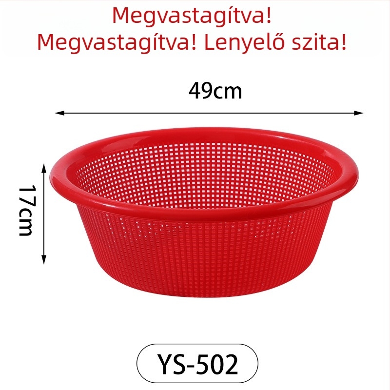 Műanyag lefolyókosár zöldségek és rizs öblítésére, vastagított kivitel, piros színű, háztartási használatra