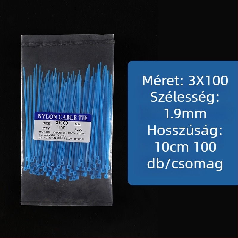 Kék nylon kábelkötegelő szalagok, változatos méretek, 100 db