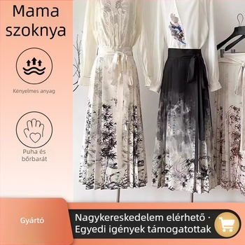 Hosszú plisírozott szoknya tintával festett bambuszlevél-mintával és lóarc motívummal, 2024-es kínai ihletésű print, chiffon-szatén felület, poliészter.