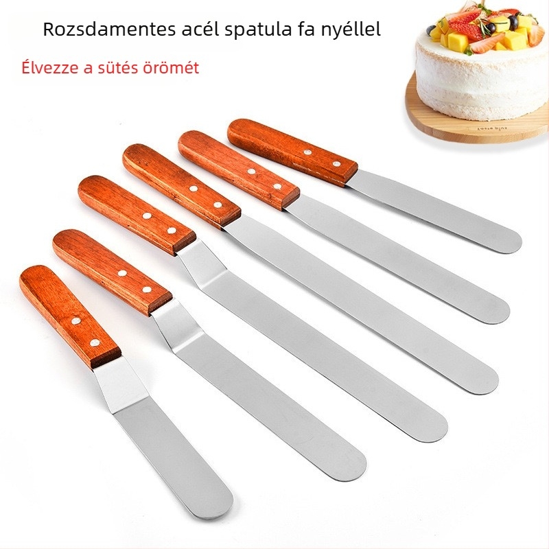 Rozsdamentes acél torta spatula, fa fogantyúval – krém kenésére és simítására alkalmas sütőeszköz