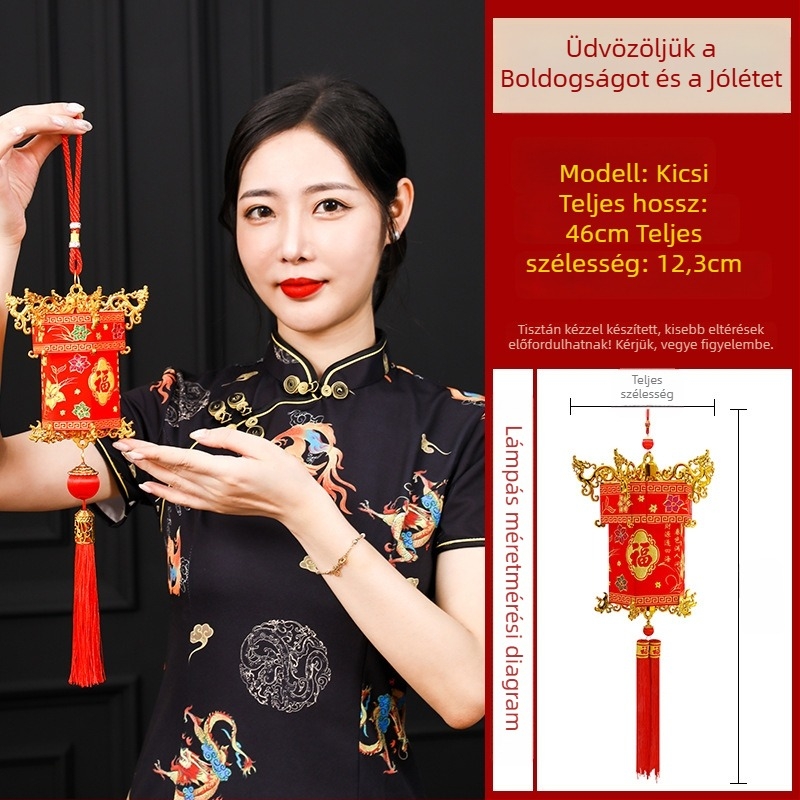 Bársonyos palotai lámpa áldáskifejező szimbólummal, kínai stílusú klasszikus piros lámpa, antik hatású függő dekoráció Újévre és esküvőre