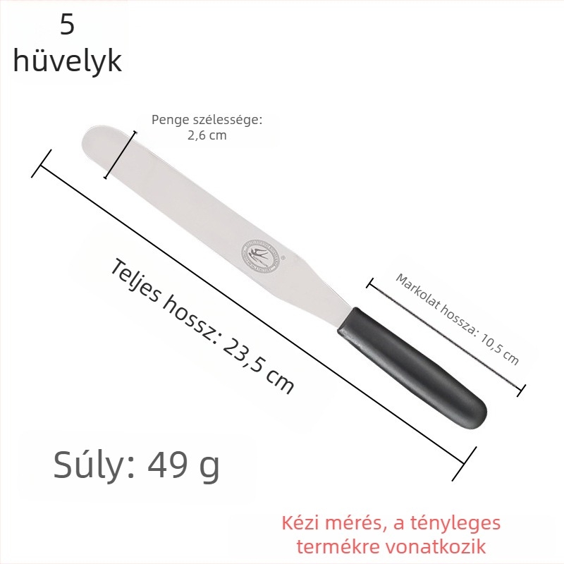 Konyhai süteménykészítő eszközök készlet: torta spatulája, egyenes kés, görbe kés, krém spatula és kaparó