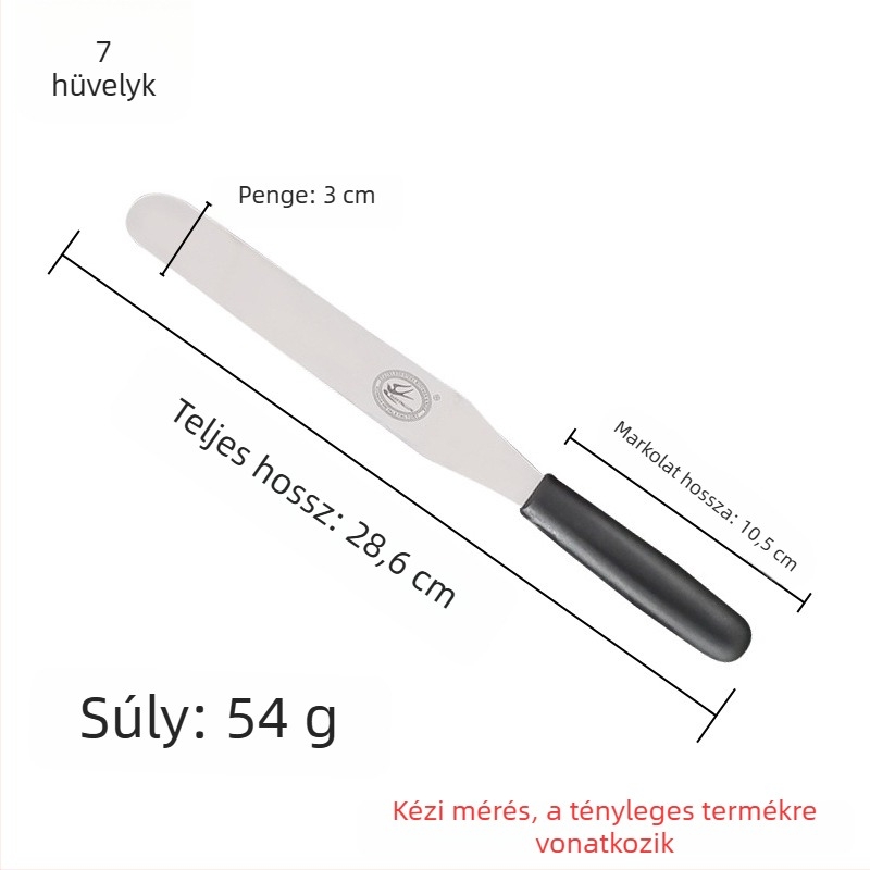 Konyhai süteménykészítő eszközök készlet: torta spatulája, egyenes kés, görbe kés, krém spatula és kaparó