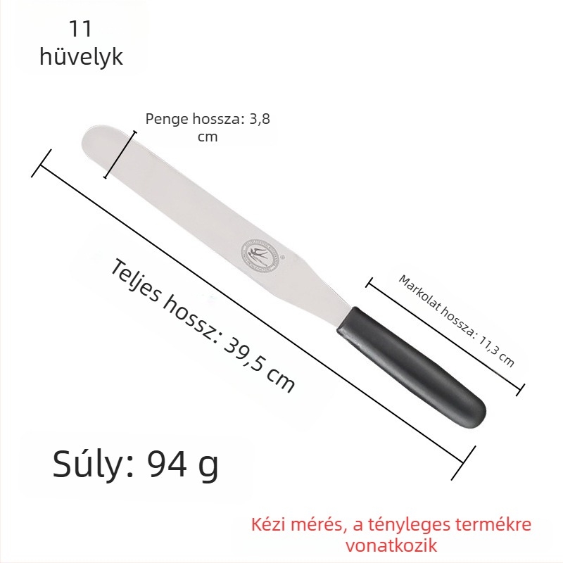 Konyhai süteménykészítő eszközök készlet: torta spatulája, egyenes kés, görbe kés, krém spatula és kaparó