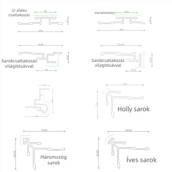 Integrált falpanel fém díszítő sínnel, I‑formájú élzárás, ívelt sarok, Yin–Yang sarok, Begónia karbon kristály tábla