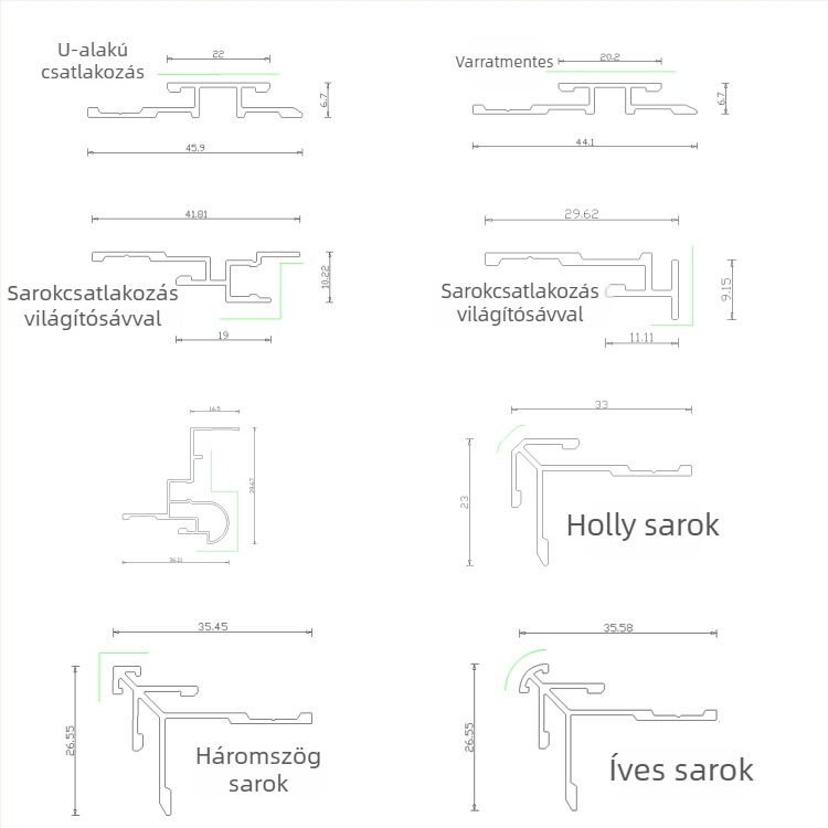 Integrált falpanel fém díszítő sínnel, I‑formájú élzárás, ívelt sarok, Yin–Yang sarok, Begónia karbon kristály tábla