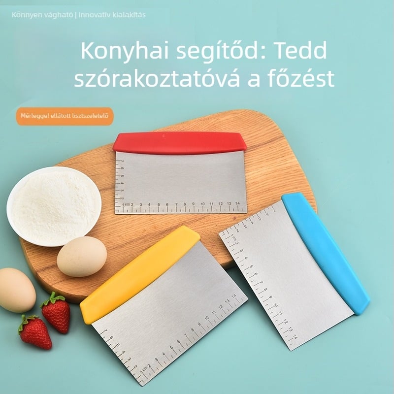 Rozsdamentes acél tészta vágó és spatula mérőskálával, tapadásmentes konyhai eszköz tésztához, kenyér és sütemény készítéséhez