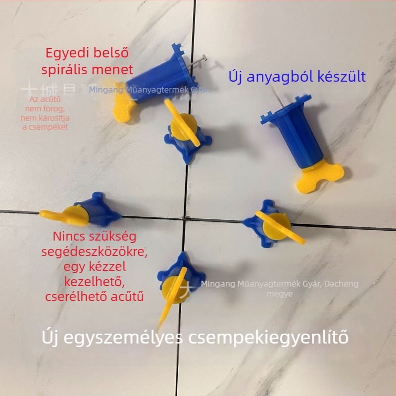 Új, megerősített, nagy méretű egykezes csempe szintező eszköz, cserélhető tűvel a fugák pozicionálásához