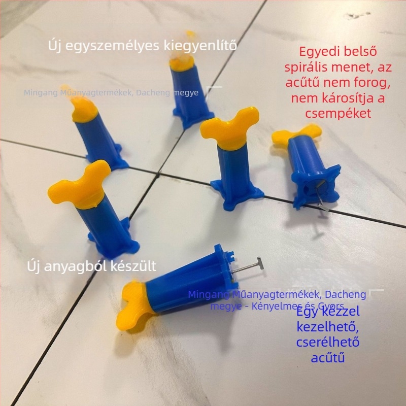 Új, megerősített, nagy méretű egykezes csempe szintező eszköz, cserélhető tűvel a fugák pozicionálásához