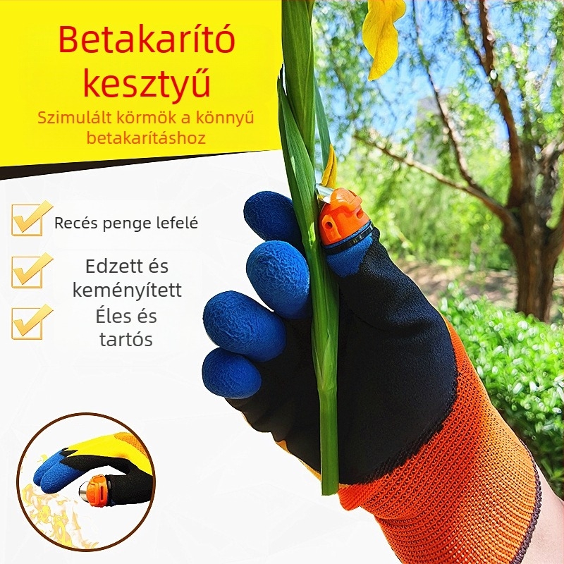 Szedő kesztyű beépített hüvelykujjas késsel a paprika, bab és tea szedéséhez