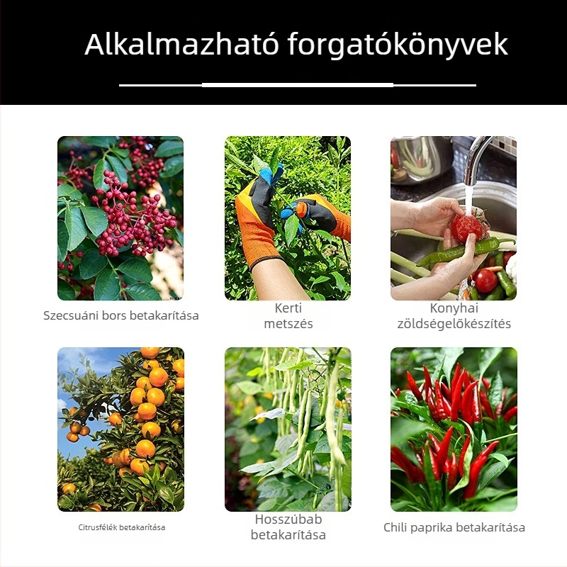 Szedő kesztyű beépített hüvelykujjas késsel a paprika, bab és tea szedéséhez