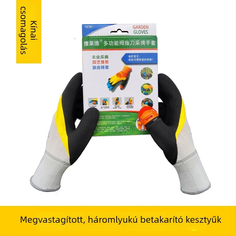 Szedő kesztyű beépített hüvelykujjas késsel a paprika, bab és tea szedéséhez