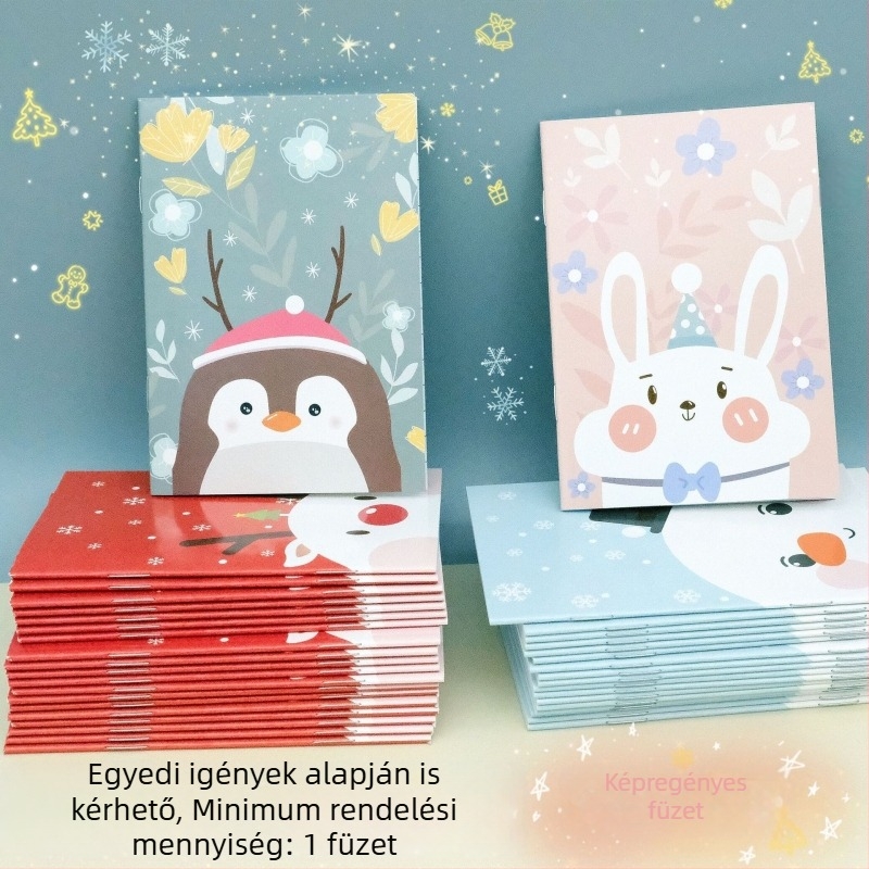 Karácsonyi aranyos állat mini jegyzetfüzet, zsebméretű, papírborító, bézs offset papír, 1–50 oldal, kawaii stílus (japán/koreai)