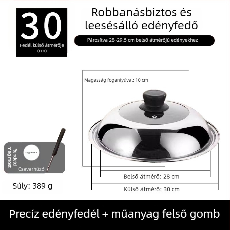 Rozsdamentes acélból készült átlátszó fazékfedő, kör alakú üveges párolófedéllel és fogantyúval