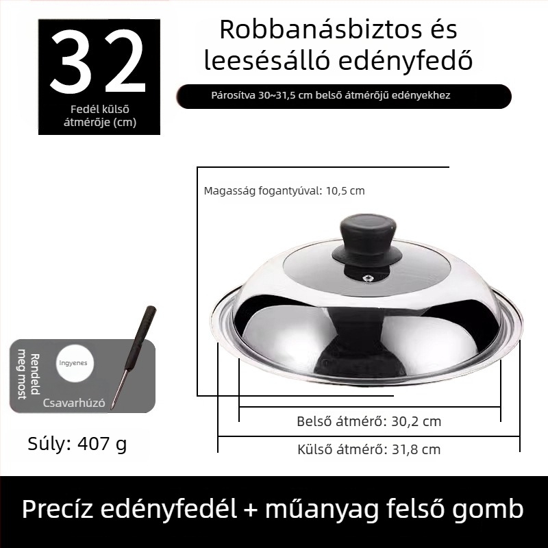 Rozsdamentes acélból készült átlátszó fazékfedő, kör alakú üveges párolófedéllel és fogantyúval
